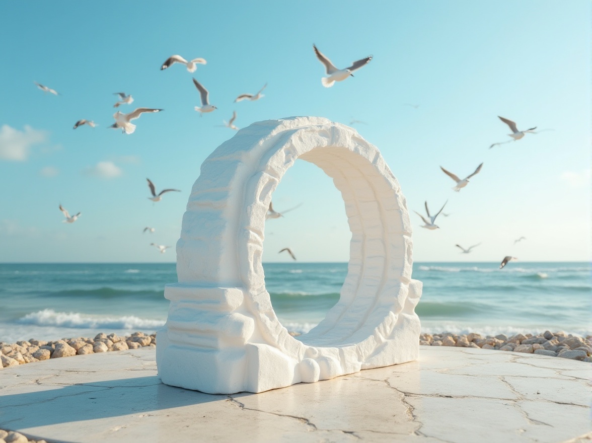 Prompt: Beach monument, polycarbonate material, modern architecture, white, transparent, glossy surface, intricate design, detailed texture, weathered effect, seaside, sunny day, clear blue sky, seagulls flying overhead, waves crashing in the background, gentle ocean breeze, warm ambient lighting, low-angle shot, 3/4 composition.