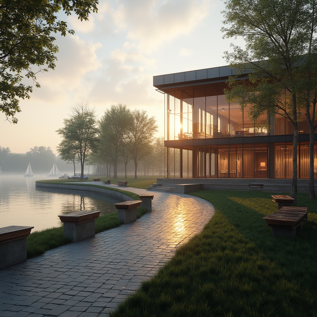 Prompt: Lakefront Visual Arts Center, modern architecture, glass walls, wooden accents, natural materials, reflection of water, sunset time, warm lighting, calm atmosphere, surrounding trees, lush greenery, walking paths, benches facing the lake, sailboats in the distance, misty morning, foggy day, shallow depth of field, cinematic composition, realistic rendering, ambient Occlusion.