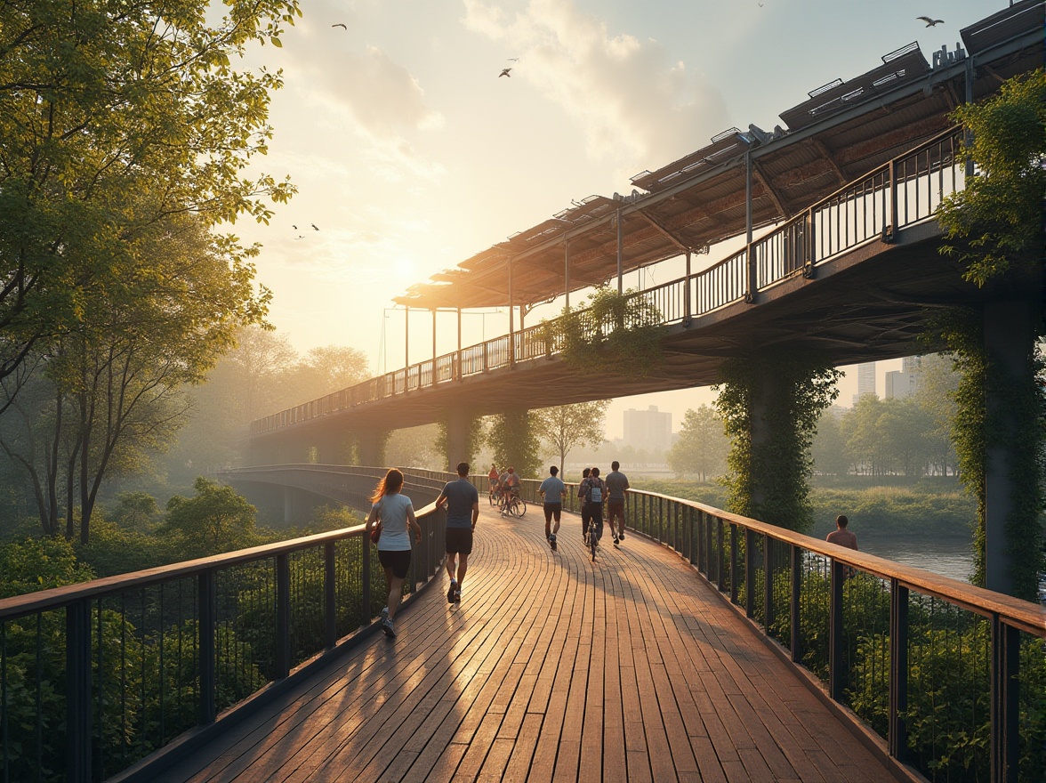 Prompt: Sustainable pedestrian bridge, modern architecture, steel structure, wooden decking, green roof, vines crawling up pillars, riverside, cityscape, sunset time, gentle mist, soft warm lighting, ambient sounds of nature, birds flying overhead, people walking and jogging, cyclists riding by, dynamic composition, low-angle shot, cinematic mood, eco-friendly materials, recycled metal, solar panels, energy-efficient lighting, innovative design, futuristic vibe.