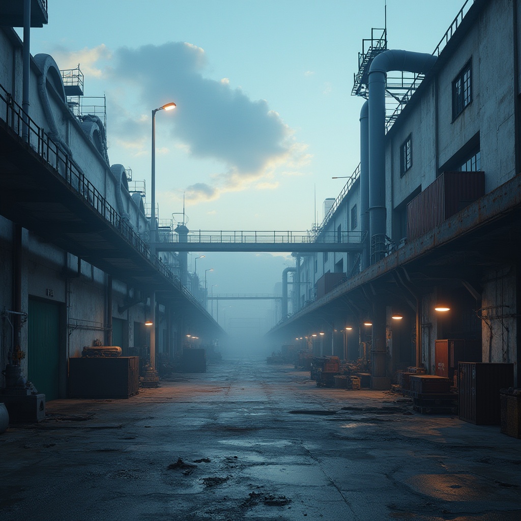 Prompt: Industrial area, daytime, blue sky with few clouds, warehouses, factories, containers stacked, cranes, machinery, pipes, metal railings, concrete floors, rusty walls, dim lighting, misty atmosphere, realistic textures, detailed environment, 3/4 composition, cinematic mood, high contrast, dramatic shadows.