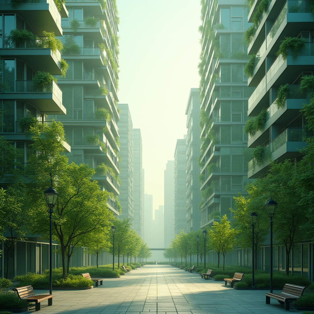 Prompt: Light green urban landscape, modern cityscape, skyscrapers, green roofs, vertical gardens, hanging plants, street lamps, pavement, light green tone walls, glass windows, steel frames, urban park, walking paths, benches, trees with light green leaves, morning sunlight, soft focus, atmospheric perspective, 3/4 composition, cinematic mood.