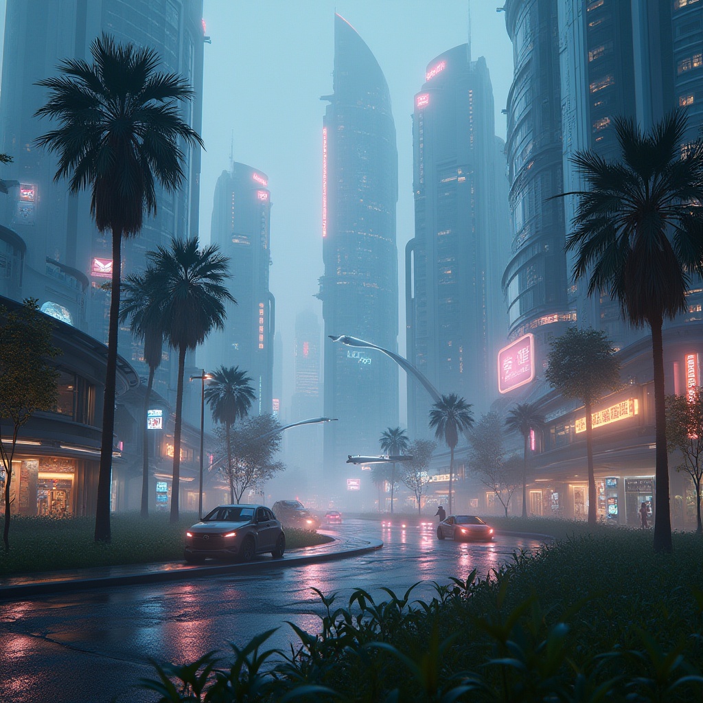 Prompt: Futuristic suburban space, curved sleek lines, neon lights, holographic advertisements, towering skyscrapers, levitating cars, robotic pedestrians, virtual reality interfaces, augmented reality graffiti, cyberpunk atmosphere, misty morning, dew drops on grass, angular palm trees, glowing street lamps, 3/4 composition, panoramic view, cinematic lighting, HDR.