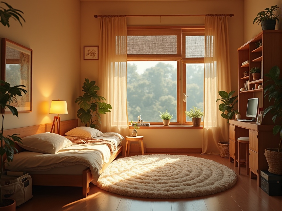 Prompt: Cozy dorm interior, warm amber color tone, wooden furniture, soft glow table lamp, fluffy carpet, comfortable bedding, minimalist decor, plants on shelves, natural light pouring in through large windows, gentle shadows, 3/4 composition, soft focus, inviting atmosphere, relaxing ambiance, calm mood.