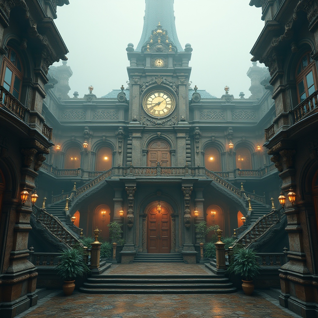 Prompt: Ornate energy plant, Baroque style architecture, intricate stone carvings, grandiose entrance, golden accents, lavish decorations, sweeping staircases, ornamental metalwork, majestic clock tower, industrial machinery, pipes and valves, metallic textures, steampunk elements, dramatic lighting, foggy atmosphere, misty background, cinematic composition, wide-angle shot, symmetrical framing.