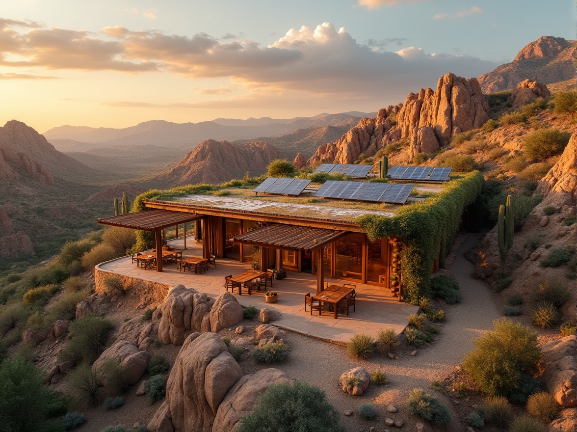 Prompt: Canyon architecture, adapting to climate, desert landscape, rocky terrain, adobe-inspired building, earthy tone, curved lines, natural ventilation, shading devices, green roof, solar panels, wind turbines, outdoor seating area, wooden furniture, woven textiles, vines crawling up walls, cacti surrounding the building, warm sunset light, golden hour, soft shadows, dramatic clouds, atmospheric perspective, aerial view, 3/4 composition, rustic texture.