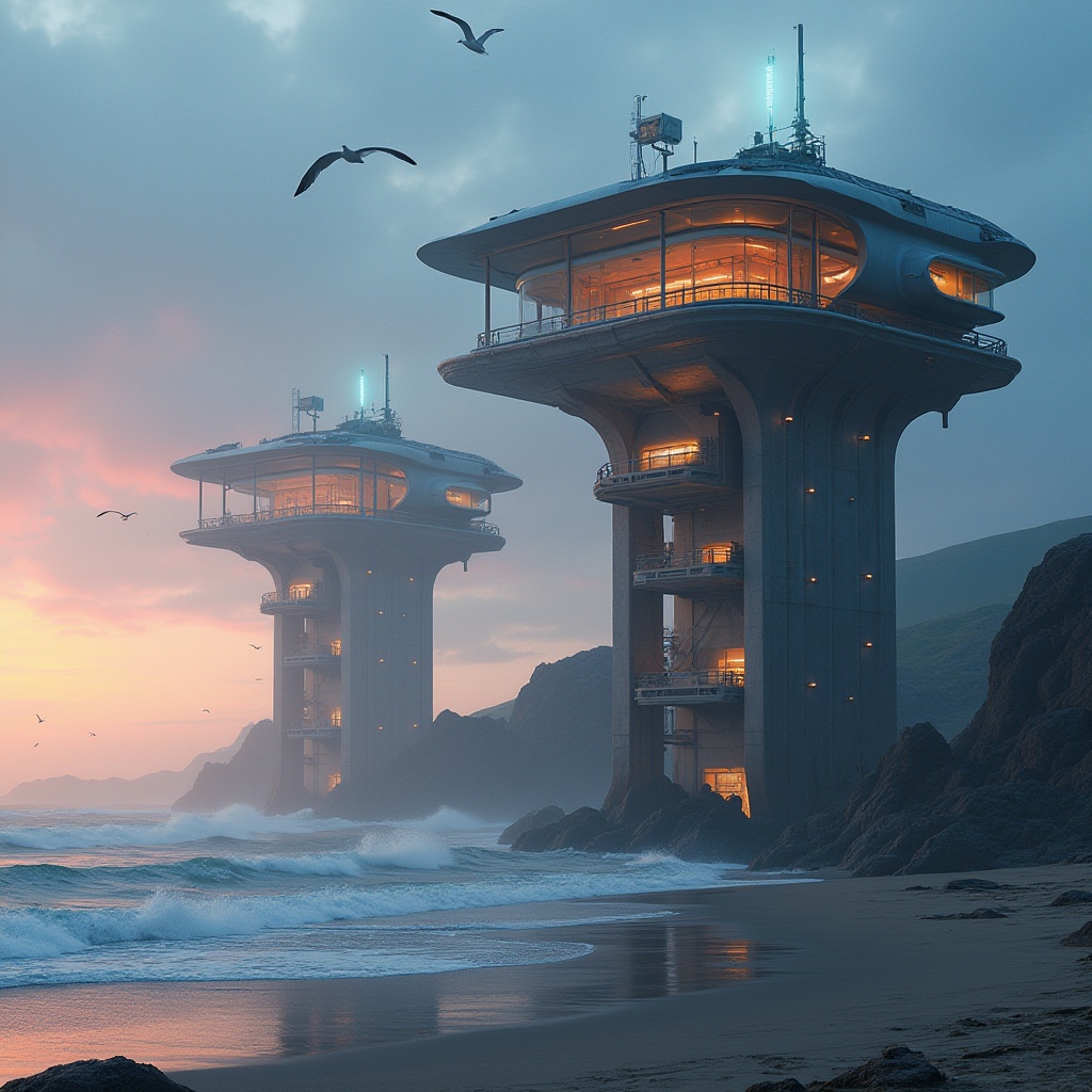 Prompt: Futuristic coastal watching towers, sleek modern design, towering above sandy beaches, ocean waves crashing against pillars, reinforced concrete structure, metallic accents, glass windows with panoramic views, rotating observation decks, state-of-the-art surveillance systems, advanced weather monitoring equipment, solar panels for sustainable energy, vibrant neon lights illuminating at night, misty atmosphere, seagulls flying overhead, dramatic sunset background, cinematic composition, low-angle shot.