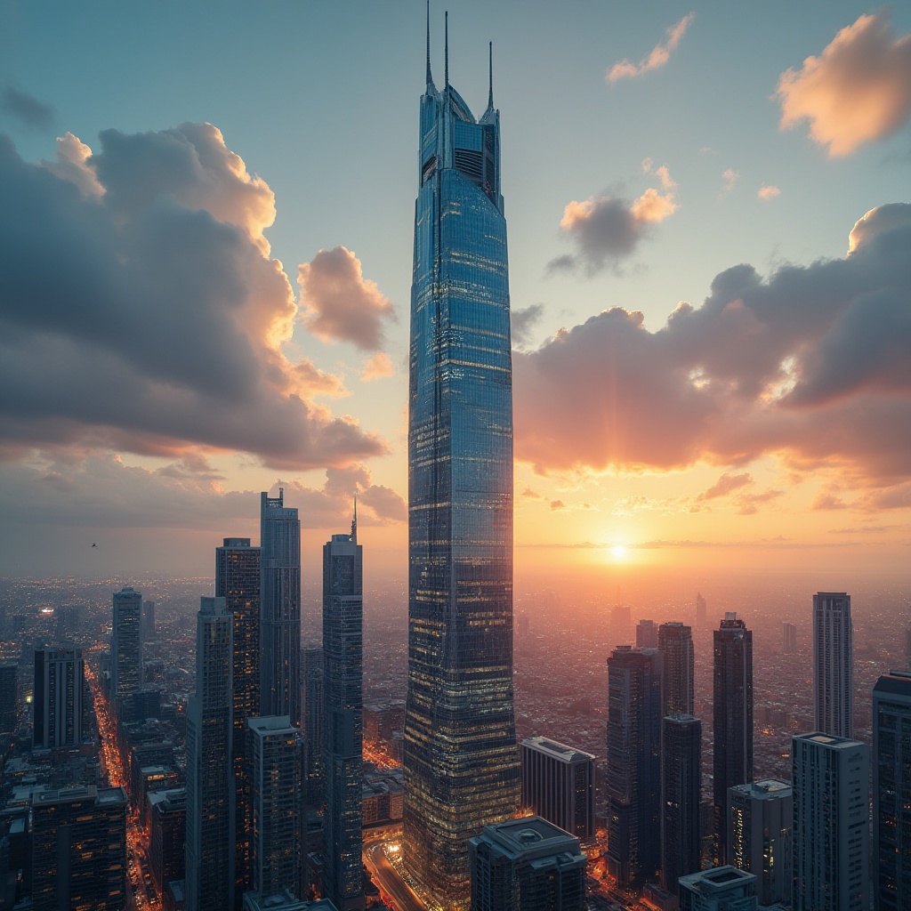 Prompt: Modern skyscraper, urban cityscape, futuristic architecture, sleek lines, glass and steel structure, plasticrete material, metallic sheen, reflective surface, intricate details, city lights, sunset glow, dramatic clouds, low-angle shot, 3/4 composition, cinematic lighting.