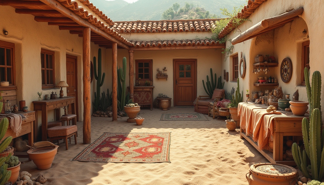 Prompt: Southwestern US, desert landscape, adobe-style clinic building, earthy tones, natural materials, wooden accents, clay roof tiles, arched windows, stone columns, cacti plants, sandy grounds, warm sunlight, soft shadows, serene ambiance, rustic charm, vintage medical equipment, distressed wood furniture, woven blankets, tribal patterned rugs, natural fabrics, organic shapes, earthy color palette, warm lighting, cozy atmosphere.