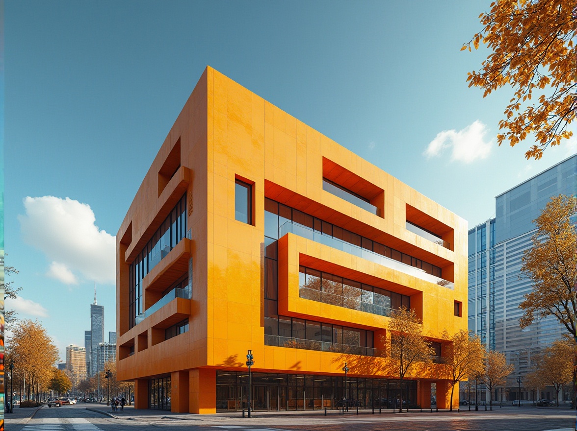 Prompt: Ocher color building, modern architecture, vibrant orange tone, glass facade, steel structure, geometric shapes, urban landscape, cityscape, sunny day, blue sky, few white clouds, dramatic shadows, low-angle shot, contrast lighting, futuristic ambiance.