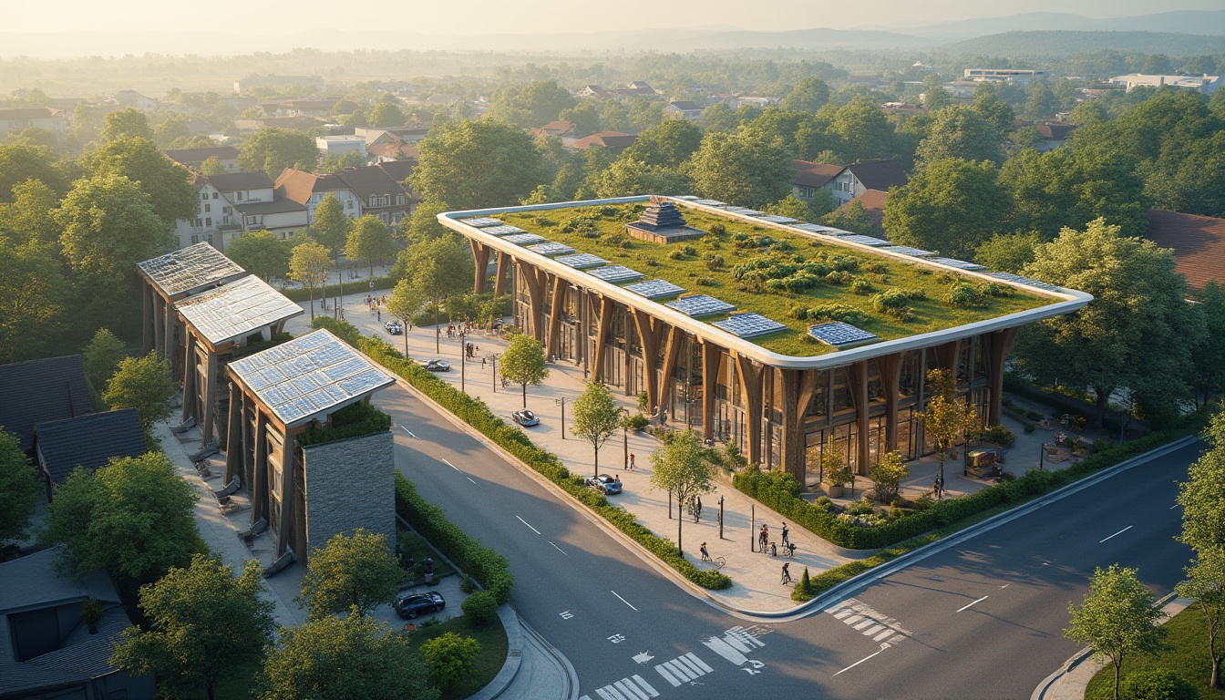 Prompt: Sustainable transportation hub, suburban area, modern architecture, green roofs, solar panels, vertical gardens, electric vehicle charging stations, bike lanes, pedestrian walkways, natural stone walls, steel beams, large windows, abundant natural light, 3/4 composition, soft focus background, warm ambient lighting, shallow depth of field.