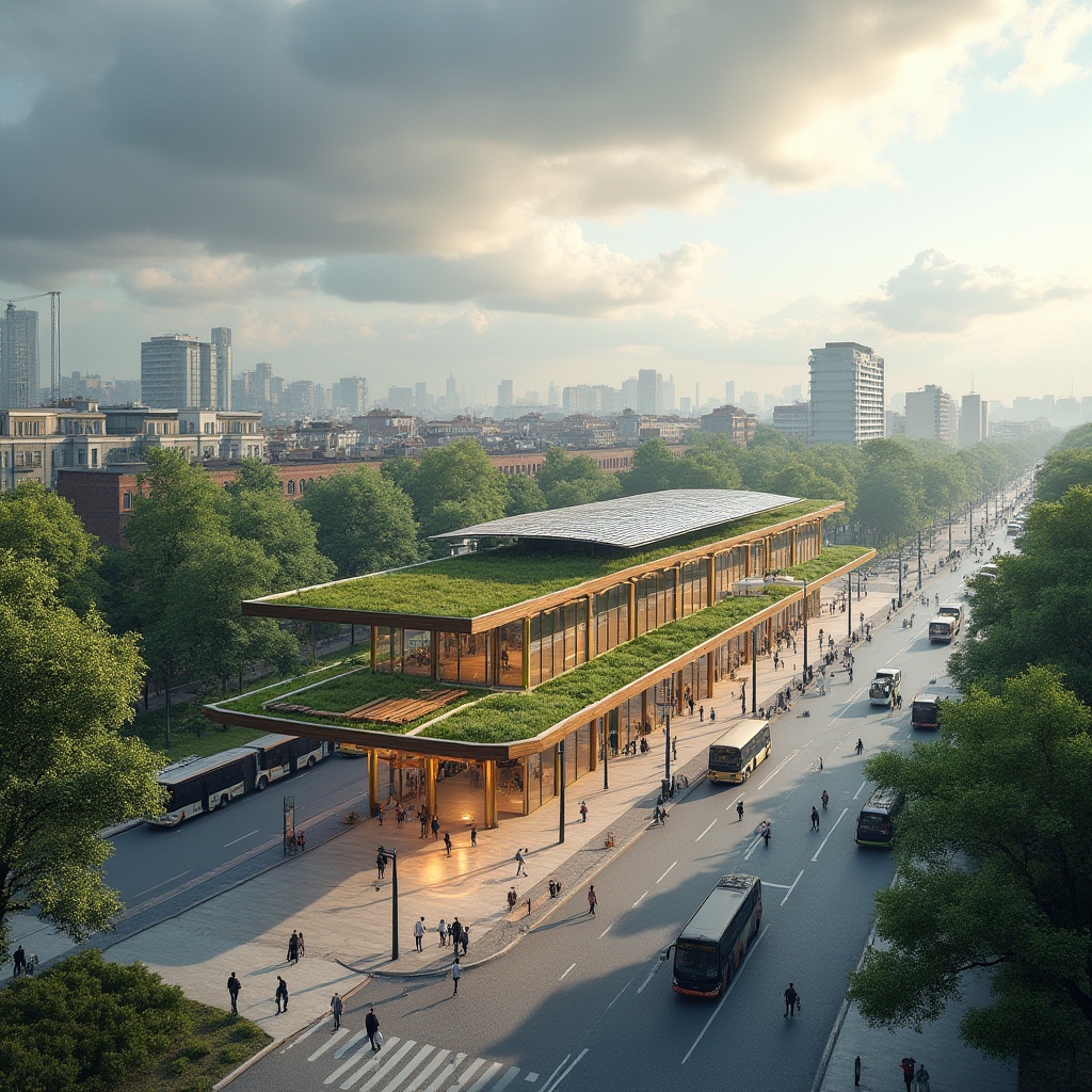 Prompt: Modern bus station, sustainable design, eco-friendly materials, recycled wood benches, green roofs, solar panels, LED lighting, minimalist architecture, large glass windows, natural ventilation, urban setting, cityscape, busy streets, people walking, waiting for buses, trees surrounding the station, cloudy sky, afternoon sunlight, soft shadows, shallow depth of field.