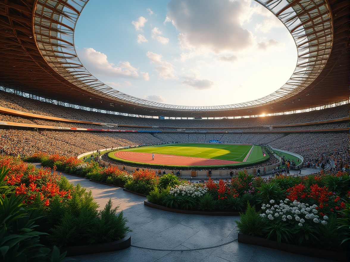 Prompt: Stadium landscape design, modern architecture, lush greenery, vibrant flowers, curved walkways, natural stone seating, wooden accents, sleek lines, dynamic shapes, panoramic view, dramatic lighting, evening atmosphere, warm ambient glow, soft focus, 3/4 composition, low-angle shot, emphasis on texture and material, sports stadium, Olympic venue, international competition, bustling crowd, excitement and energy.