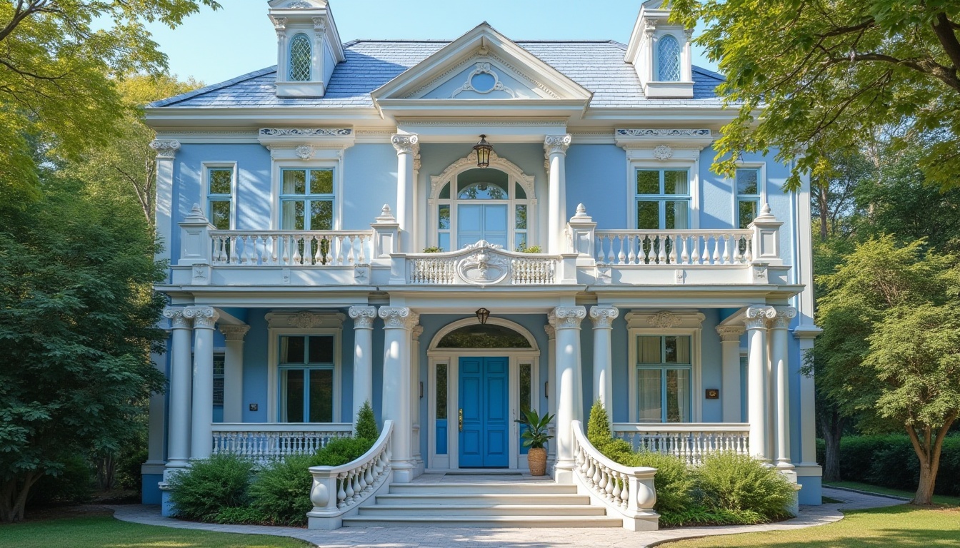 Prompt: Classic residential building, blue tone exterior walls, white ornate columns, grand entrance with curved staircases, intricate ironwork balcony railings, blue-gray slate roofing, symmetrical facade composition, bright blue front door, polished brass doorknobs, soft blue-hued windows, subtle stone carvings, lush greenery surrounding the building, sunny afternoon lighting, warm atmosphere, European-inspired architecture, serene neighborhood setting.