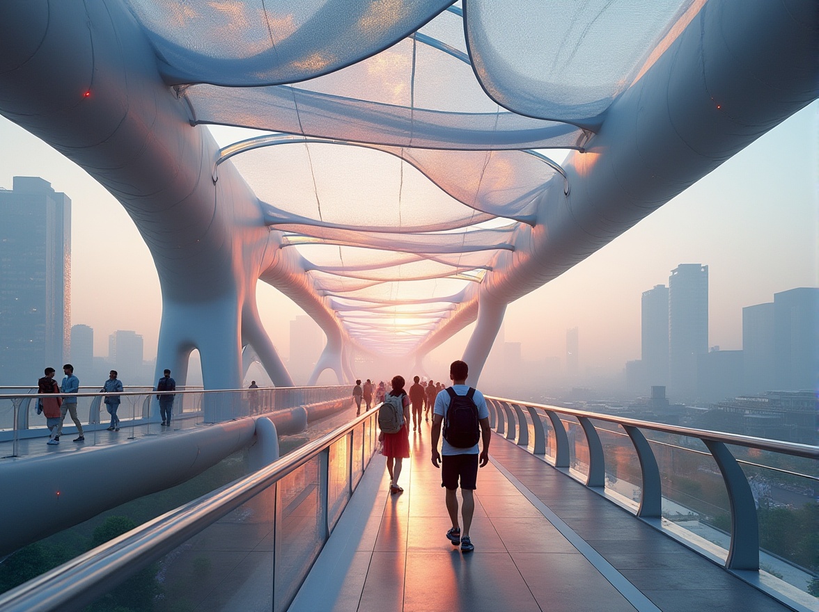 Prompt: Pedestrian bridge, futuristic architecture, innovative fabrics material, translucent canopy, iridescent colors, undulating curves, sleek handrails, LED ambient lighting, urban cityscape, misty morning atmosphere, shallow depth of field, 3/4 composition, warm and soft ambient lighting, people walking, interacting, socializing, casual clothing, backpacks, sunglasses.