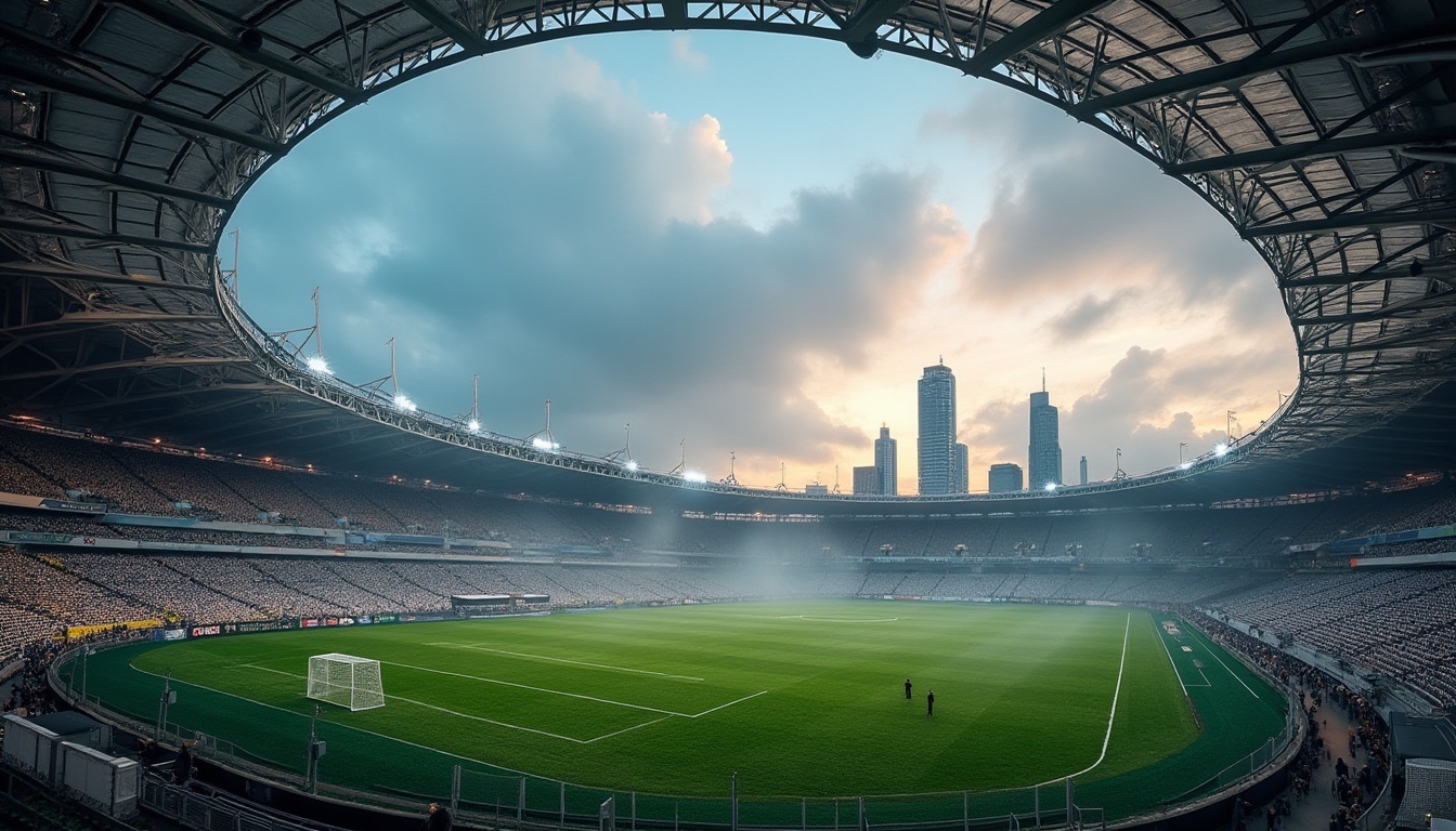 Prompt: Modern soccer stadium, structuralist architecture, futuristic curves, angular lines, sleek metal beams, cantilevered roof, grandstand seating, vibrant green grass, white goalposts, netting, floodlights, evening atmosphere, warm ambient lighting, low-angle shot, dynamic composition, urban landscape, cityscape backdrop, distant skyscrapers, misty fog rolling in, dramatic cloud formations.