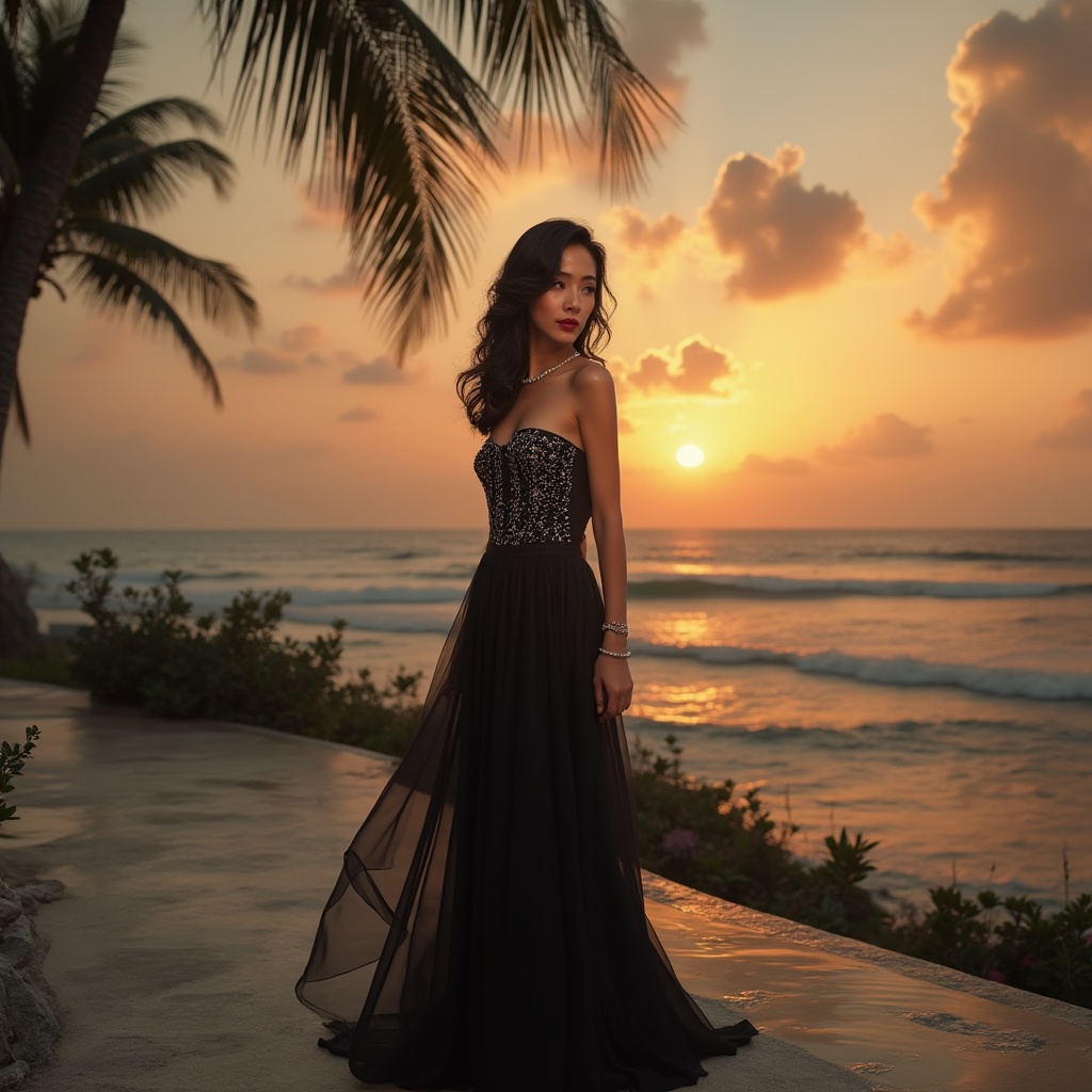 Prompt: Beach Renaissance style, luxurious villa, mature lady, 35yo, elegant black hair, wavy loose curls, natural makeup, subtle blush, bold red lip color, strapless black evening gown, flowing chiffon fabric, draped on shoulder, beaded embroidery, high heels, pearl necklace, standing, gazing at sea, sunset time, golden light, dramatic clouds, majestic palm trees, tranquil ocean waves, gentle breeze, 3/4 composition, cinematic lighting, warm and soft ambient atmosphere.