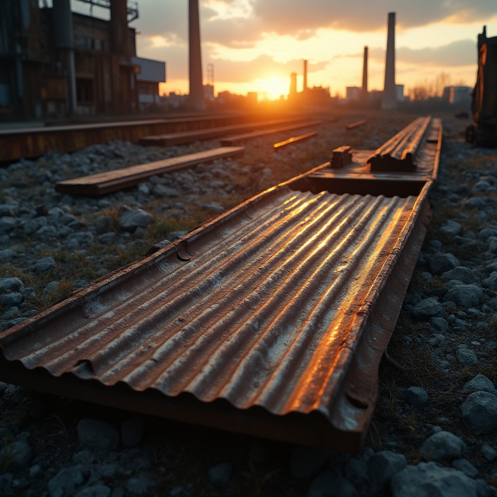 Prompt: Industrial landscape, corrugated iron sheet, modern design, abandoned factory, rusty tone, weathered texture, worn edges, metallic sheen, urban atmosphere, cityscape, sunset glow, dramatic lighting, low-angle shot, cinematic composition, moody ambiance, bold lines, geometric shapes, abstract patterns, distressed look, vintage aesthetic, grungy feel.