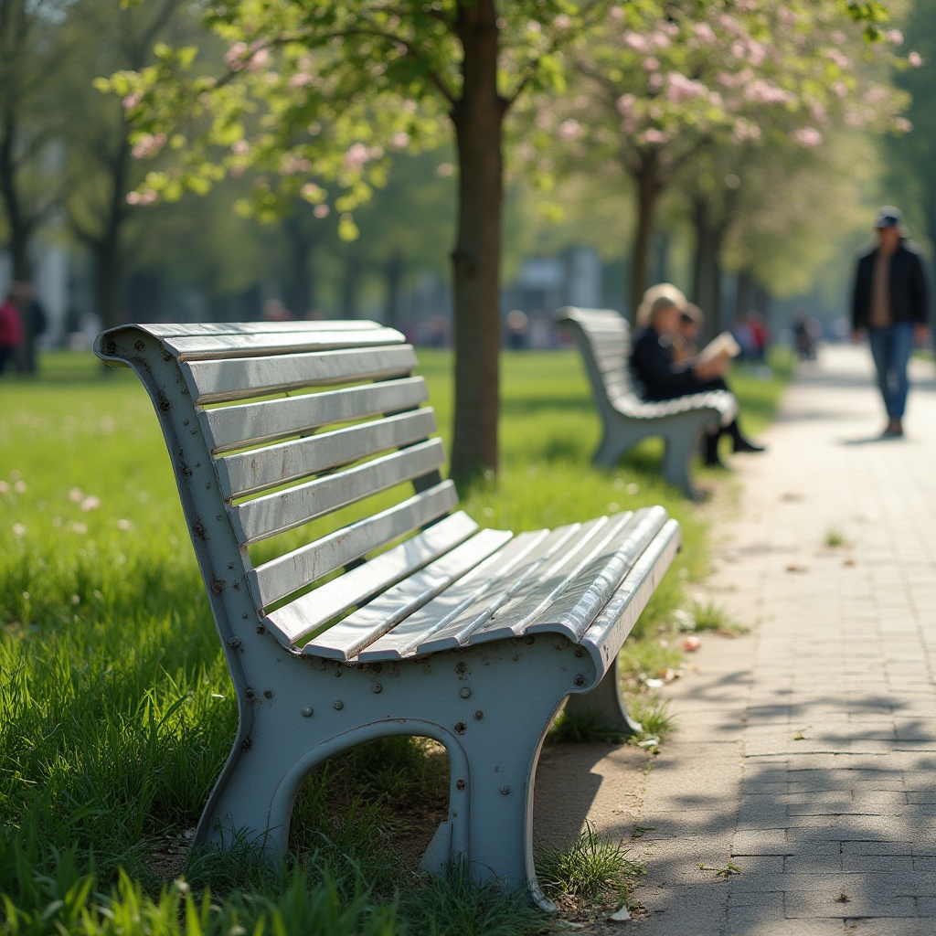 Prompt: corrugated metal, park bench, modern design, silver color, matte finish, sturdy structure, rust-resistant, durable material, urban landscape, city park, green grass, blooming flowers, walking path, people relaxing, reading book, children playing, sunny day, soft natural light, shallow depth of field, 3/4 composition.