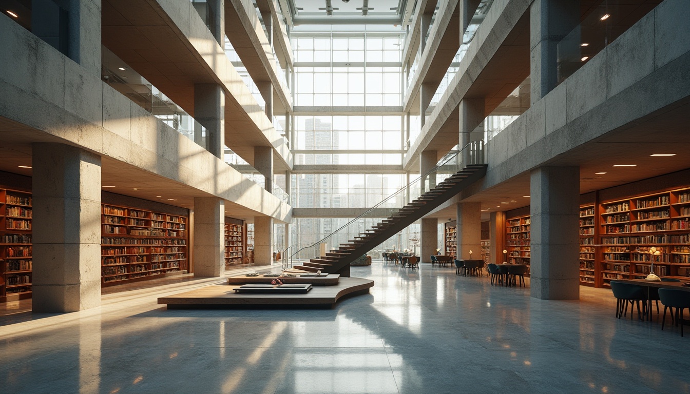 Prompt: Modern library, structuralism style, grand atrium, open staircase, cantilevered floors, glass ceiling, steel beams, concrete pillars, minimalist decoration, abundant natural light, comfortable reading areas, cozy study nooks, futuristic ambiance, sleek lines, geometric shapes, urban cityscape background, morning sunlight, soft focus, cinematic composition, wide-angle lens.