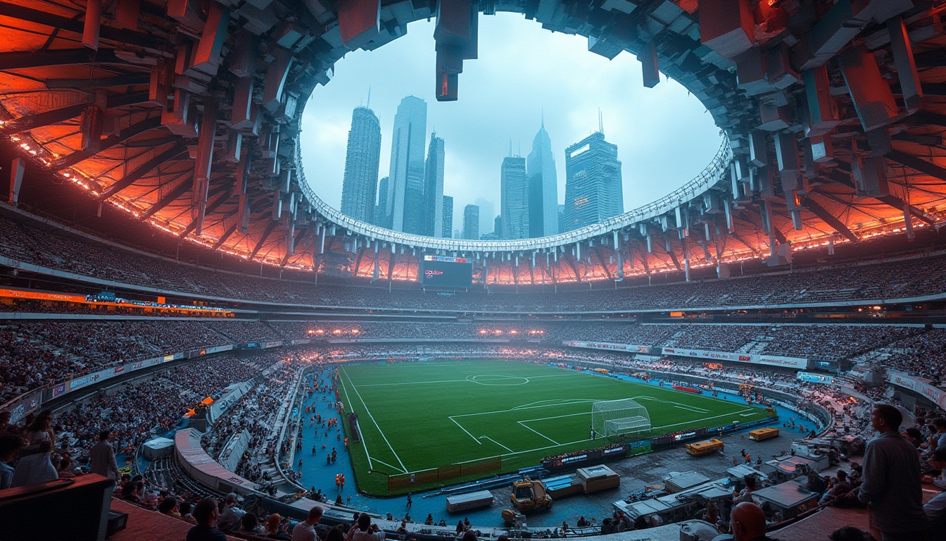 Prompt: Deconstructivist football stadium, irregular shapes, fragmented structures, bold vibrant colors, clashing patterns, asymmetrical compositions, futuristic neon lights, metallic materials, sleek lines, angular curves, dramatic shadows, abstract sculptures, dynamic camera angles, low-angle shot, Dutch angle, high-contrast lighting, atmospheric fog, moody ambiance, urban cityscape background, towering skyscrapers, bustling streets, avant-garde architecture.