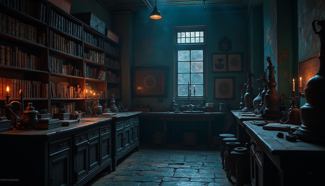 Prompt: Dark academia, mysterious atmosphere, Prussian blue dominant color, vintage laboratory, wooden shelves, antique equipment, old books, mysterious symbols etched on walls, dim lighting, warm glow from candles, leather-bound tomes, ornate metal fixtures, distressed wood, worn stone floors, abandoned experiment tables, eerie shadows, soft focus, cinematic composition, 3/4 view, shallow depth of field.