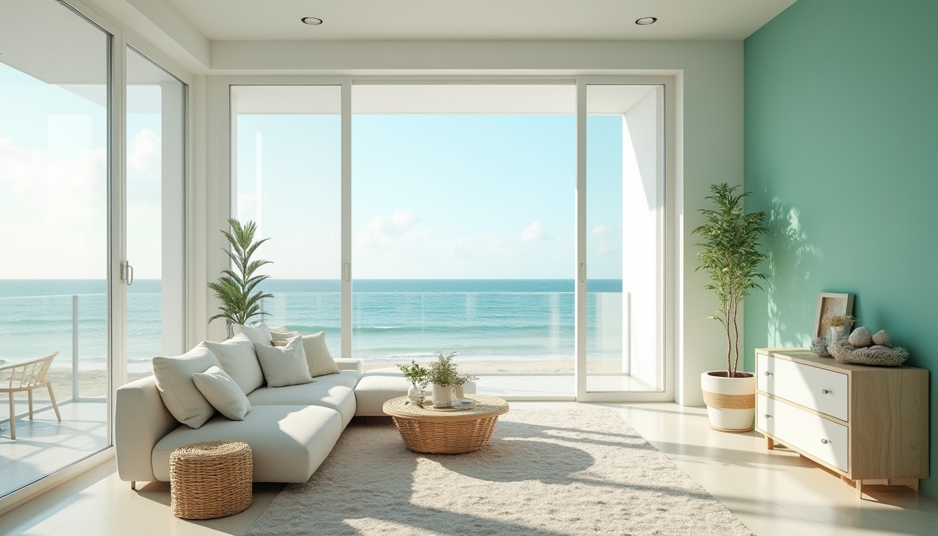 Prompt: Coastal design, mint color accent wall, beach house, modern villa, large windows, white sofa, wicker coffee table, potted palm tree, ocean view, balcony with glass railing, refreshing morning, soft sunlight, gentle sea breeze, sandy beach, seashells, driftwood, minimalist decoration, calm atmosphere, natural texture, pastel color palette, horizontal composition, wide-angle lens.