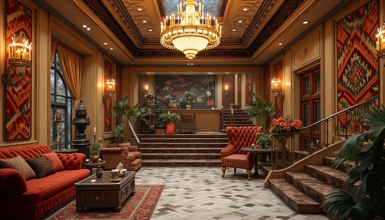 Prompt: Art Deco hostel, luxurious interior, geometric patterned walls, ornate ceiling, grand chandelier, marble floor, elegant staircase, lavish furniture, vintage decor, rich fabrics, metallic accents, warm lighting, cozy atmosphere, artistic sculptures, vibrant colors, eclectic mix of antique and modern elements, detailed moldings, opulent textiles, sophisticated ambiance.