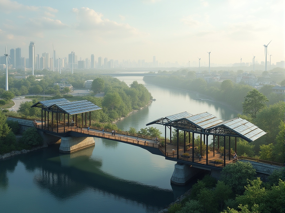 Prompt: Modern pedestrian bridge, sustainable design, eco-friendly materials, steel frame, wooden deck, green roof, solar panels, wind turbines, LED lighting, urban landscape, cityscape, riverbank, waterfront, morning mist, soft natural light, shallow depth of field, cinematic composition, 3/4 view.