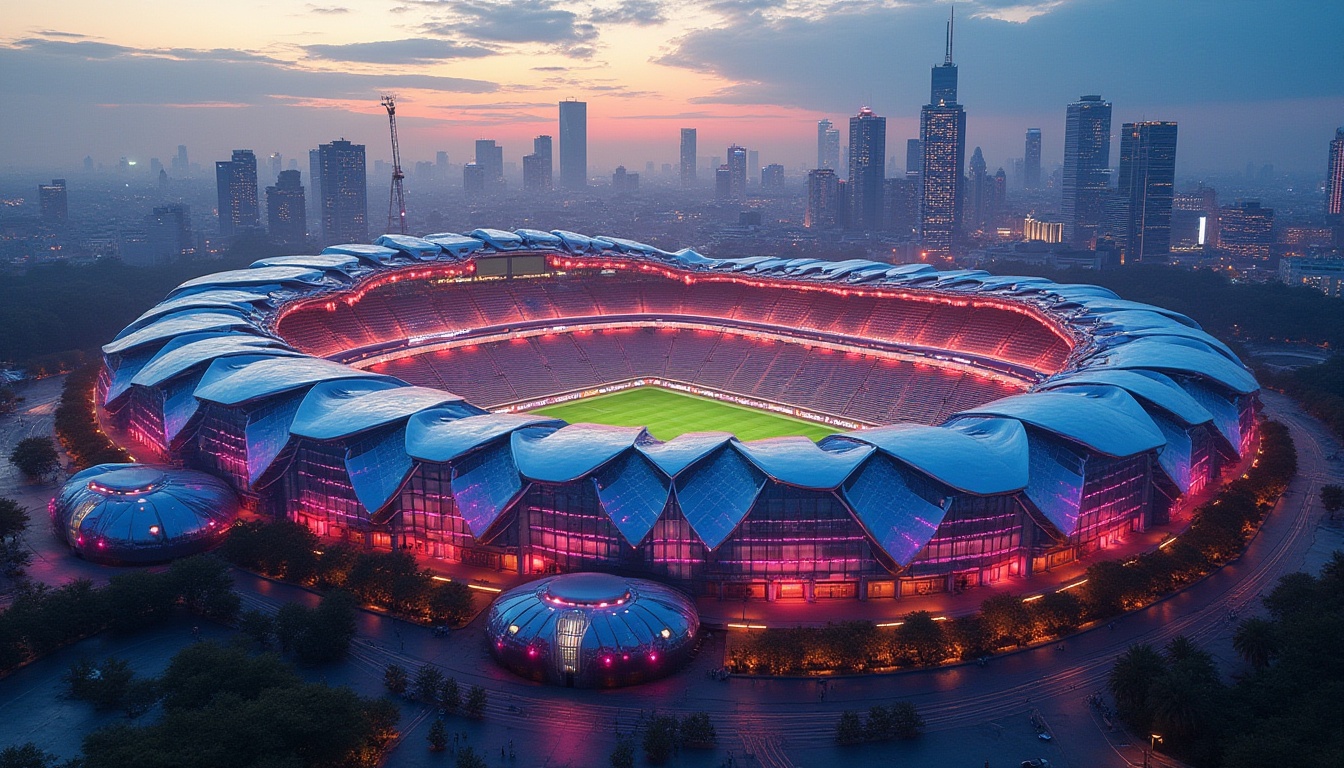 Prompt: Futuristic football stadium, postmodern architecture, irregular shape, fragmented structure, bold color scheme, neon lights, dynamic angles, abstract patterns, deconstructivist elements, metallic materials, reflective surfaces, complex shapes, urban landscape, cityscape, skyscrapers in background, evening atmosphere, dramatic lighting, low-angle shot, high-contrast colors, atmospheric perspective, cinematic composition.