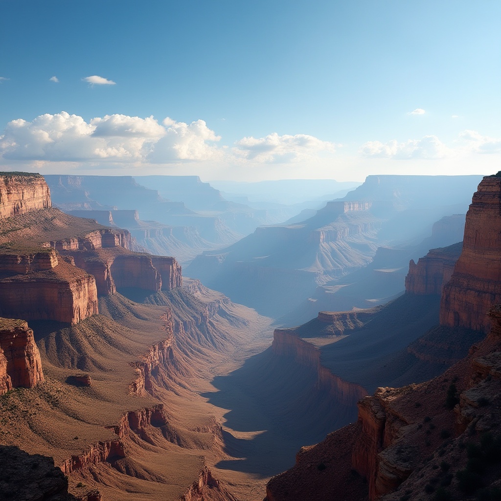 Prompt: Grand Canyon landscape, vast desert scenery, rocky cliffs, layered geological formations, erosion patterns, deep valleys, blue sky with few white clouds, warm sunlight casting long shadows, detailed rock textures, realistic atmospheric haze, dramatic composition, panoramic view, 3/4 rule, high dynamic range, soft focus on distant mountains, vibrant colors, cinematic lighting, misty atmosphere.