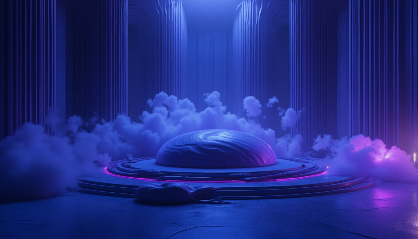 Prompt: Blue violet color, luxurious, sophisticated, modern design, abstract shapes, metallic materials, reflective surfaces, high-end technology, futuristic ambiance, neon lights, dark background, 3D visual effects, low-angle shot, cinematic composition, moody lighting, atmospheric smoke, sleek lines, minimalist decor.