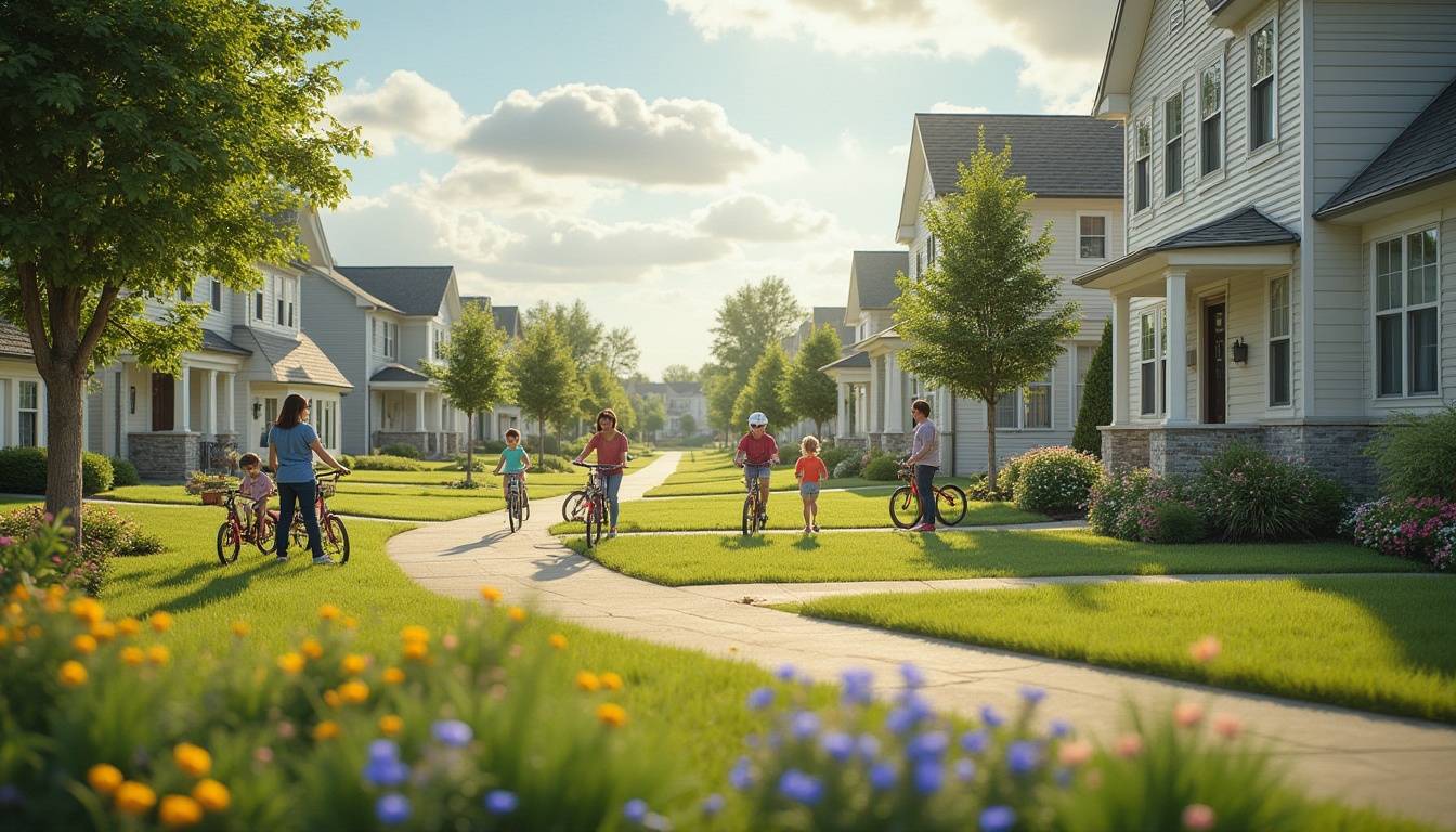 Prompt: Suburban neighborhood, sunny afternoon, quiet streets, rows of identical houses, green lawns, blooming flowers, parked bicycles, children playing tag, mothers chatting on doorsteps, fathers mowing lawns, friendly community atmosphere, warm lighting, soft focus, gentle composition, peaceful ambiance.