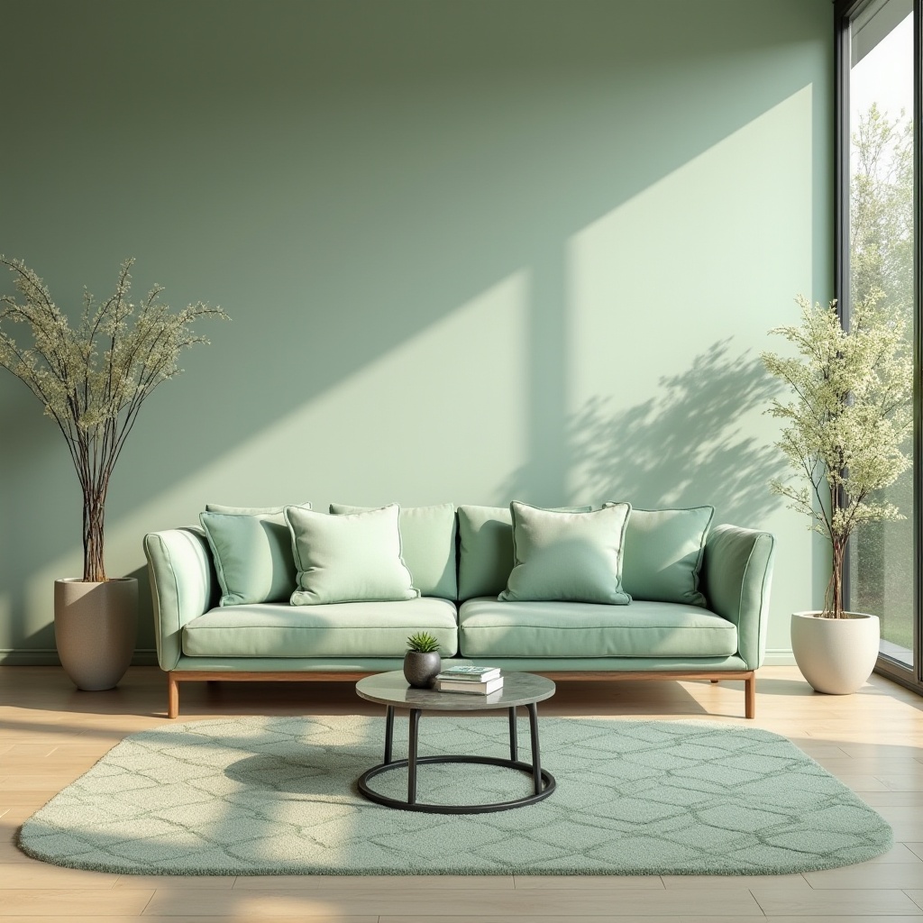 Prompt: Pale green accent wall, modern minimalist living room, sleek low-profile couch, geometric-patterned pale green rug, matching pale green velvet pillows, floor-to-ceiling windows, natural light pouring in, subtle shadows, soft focus, 3/4 composition, warm beige flooring, industrial-chic metal coffee table, potted plants with delicate white flowers, airy atmosphere, relaxed ambiance, morning sunlight, gentle highlights.