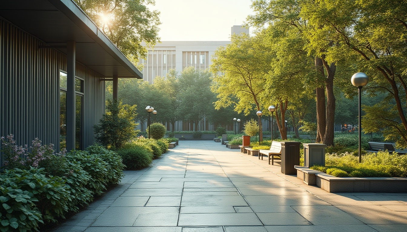 Prompt: Parks, outdoor scenery, corrugated metal, modern design, minimalist architecture, sleek lines, reflective surfaces, walkways, benches, trash cans, bike racks, streetlights, lush greenery, blooming flowers, vibrant colors, natural textures, subtle shadows, warm sunlight, atmospheric perspective, 3/4 composition, soft focus, shallow depth of field.