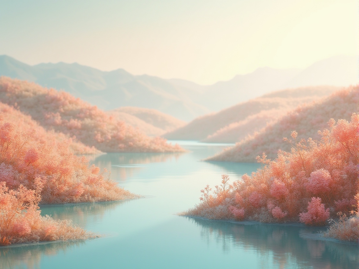 Prompt: Cohesive color palette, pastel hues, gentle gradations, soft blending, warm beige, creamy whites, light peach, pale lavender, misty blue, earthy brown, rich turquoise, vibrant coral, 3D rendering, realistic textures, subtle shading, atmospheric lighting, serene ambiance, natural scenery, rolling hills, blooming wildflowers, peaceful lake, reflection symmetry, panoramic view, cinematic composition, high dynamic range.