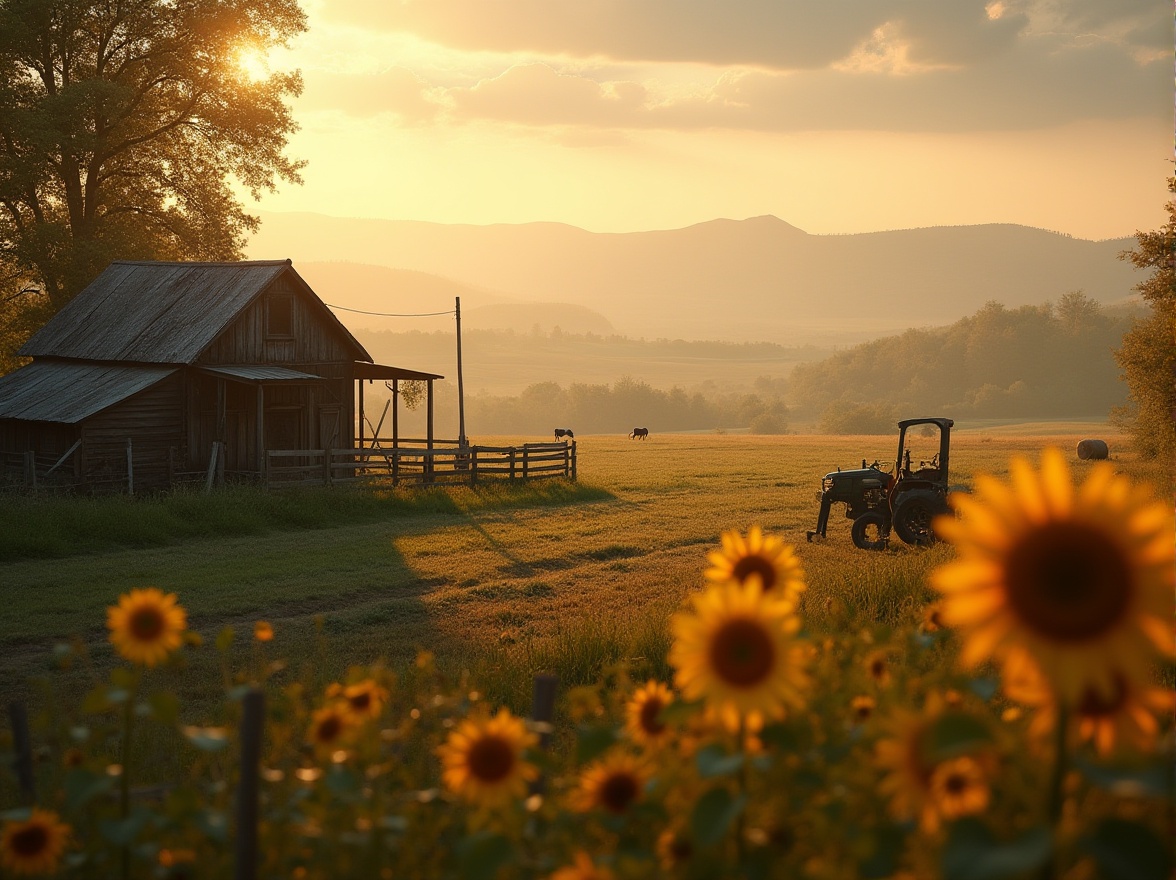 Prompt: Rural settings, cinematic experience, rustic farmhouse, vast open fields, rolling hills, misty morning atmosphere, warm golden lighting, sunflowers blooming in vibrant colors, old wooden fences, worn dirt paths, vintage tractor, hay bales scattered around, a few cows grazing peacefully, distant mountains creating a serene backdrop, soft focus on the foreground, shallow depth of field, atmospheric perspective, 3/4 composition, warm color palette, soft natural lighting, realistic textures.