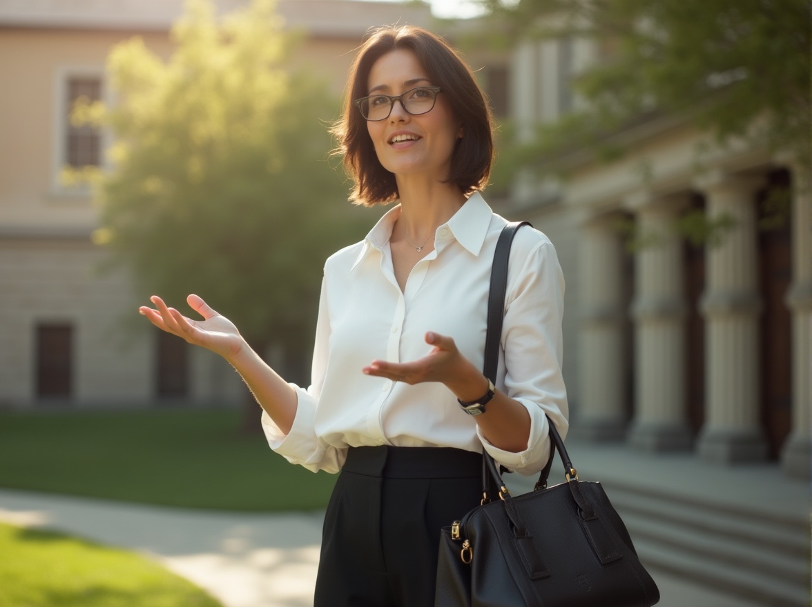 Prompt: Professional lady, university professor, mature, (35yo), short brown hair, glasses, elegant makeup, white blouse, black high-waisted trousers, black heels, leather handbag, standing, lecturing, university campus, stone building, greenery, warm natural light, shallow depth of field, cinematic composition, soft focus, realistic texture.