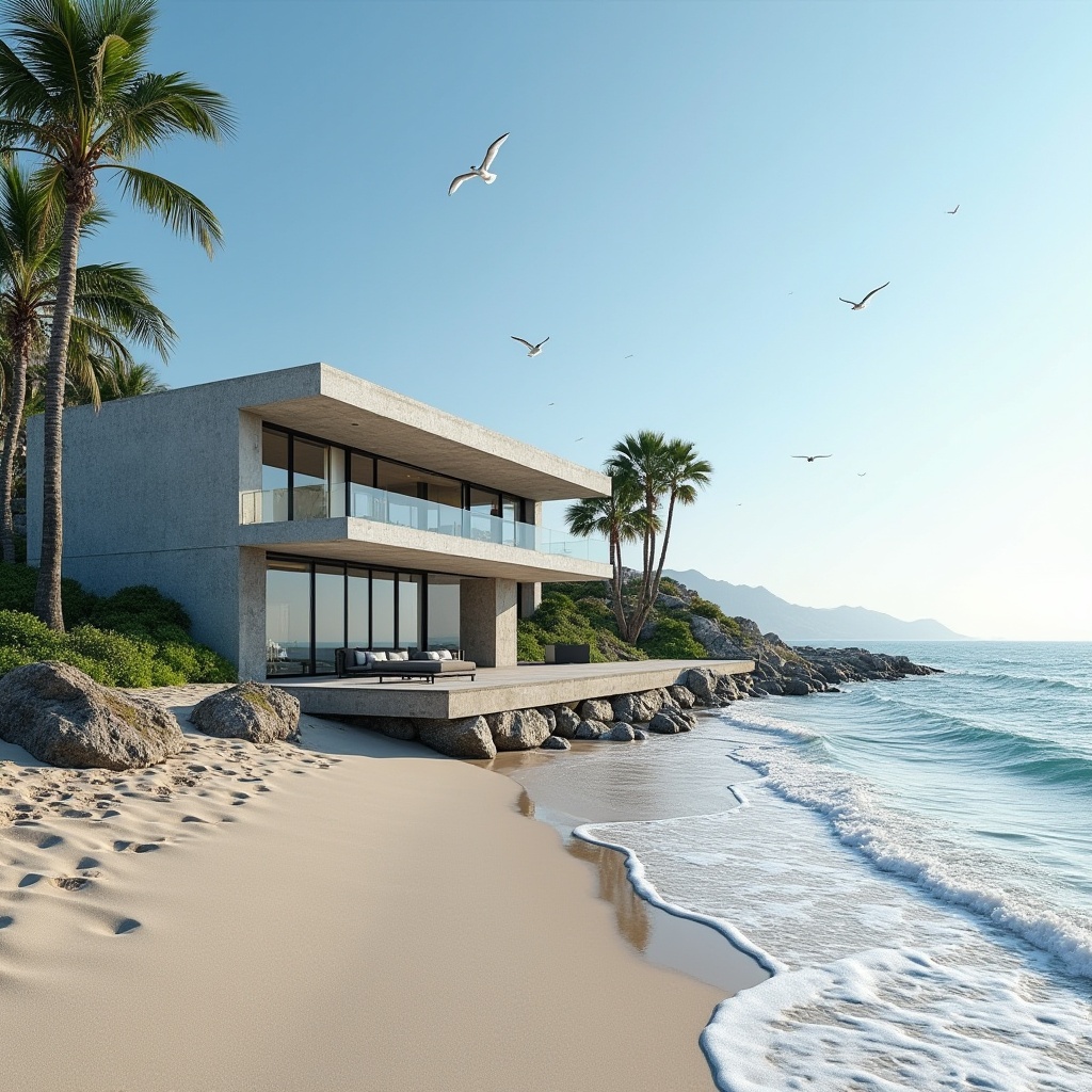 Prompt: Coastal villa, modern architecture, plasticrete material, textured rough surface, ocean waves crashing, sandy beach, palm trees swaying, seagulls flying overhead, bright sunny day, clear blue sky, large windows, minimalist interior design, sleek lines, geometric shapes, durable and water-resistant, saltwater corrosion protection, reduced maintenance, cost-effective, eco-friendly, sustainable building material, 3/4 composition, wide-angle lens, soft natural lighting.