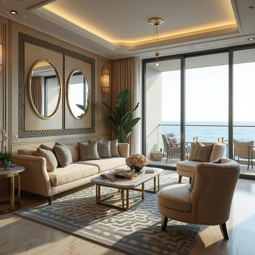 Prompt: Coastal living room, Art Deco style, geometric patterns, luxurious velvet sofas, ornate mirrors, metallic accents, marble coffee tables, ocean-inspired textiles, shell-shaped decorative accessories, wavy lines, chevron prints, zigzag motifs, bold colors, golden lighting fixtures, beachy ambiance, large windows, panoramic sea views, minimal clutter, elegant atmosphere, soft focus, warm natural light.