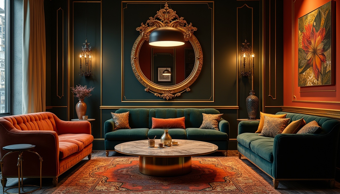 Prompt: Luxurious hostel interior, Art Deco style furniture, geometric patterns, metallic materials, velvet sofa, curved lines, ornate mirror, marble coffee table, golden lighting fixtures, luxurious rug, bold color scheme, abstract artwork, minimalist decor, urban cityscape background, nighttime, dim warm lighting, cinematic composition, low-angle shot.