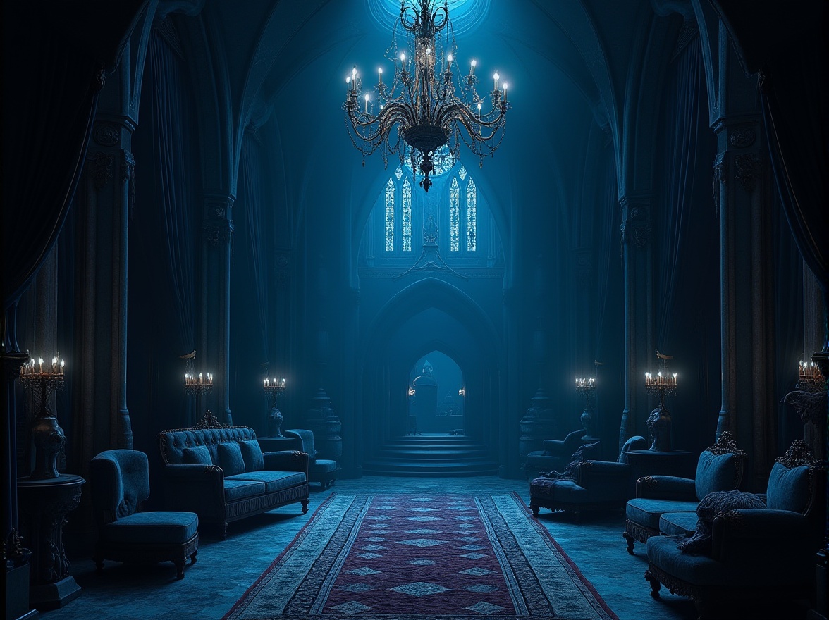 Prompt: Dark, mysterious, navy blue walls, ornate gothic architecture, grand chandelier, velvet drapes, luxurious furniture, intricate carvings, stone statues, mystical ambiance, dimmed lighting, dramatic shadows, lavish decorations, medieval-inspired interior design, regal atmosphere, mysterious corridor, secret chambers, ancient artifacts, mysterious relics, foggy mist, eerie silence.