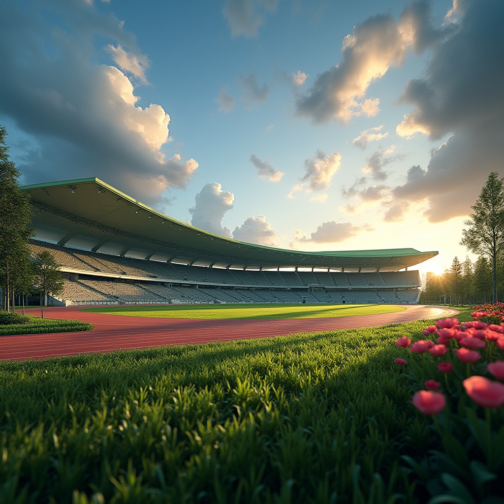 Prompt: Stadium landscape, modern architecture, green roof, lush grass, vibrant flowers, curved lines, futuristic design, evening atmosphere, warm ambient lighting, panoramic view, 3/4 composition, shallow depth of field, soft focus, dramatic clouds, blue sky, sunset glow, dynamic angle, low-angle shot, grandstand seats, athletic tracks, sports equipment, metallic structure, concrete texture, geometric shape.