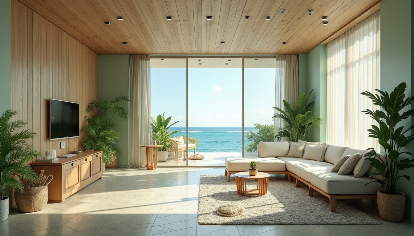 Prompt: Coastal themed healthcare center, modern architecture, large windows, ocean view, natural light, calming atmosphere, wooden accents, minimalist decor, green walls, lush plants, comfortable seating areas, peaceful ambiance, serene waiting room, soothing color palette, beach-inspired furniture, waves-patterned rug, shell-shaped decorations, calming sound of waves, soft warm lighting, 3/4 composition, panoramic view, shallow depth of field.