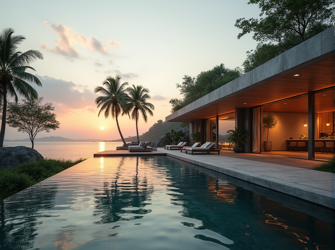 Prompt: Lakefront modernist villa, incorporating Lavacrete material, sleek lines, minimalist architecture, large floor-to-ceiling windows, sliding glass doors, infinity pool, wooden deck, lake water reflection, surrounding lush greenery, palm trees, warm sunset lighting, 3/4 composition, cinematic ambiance, high-end luxury feel.