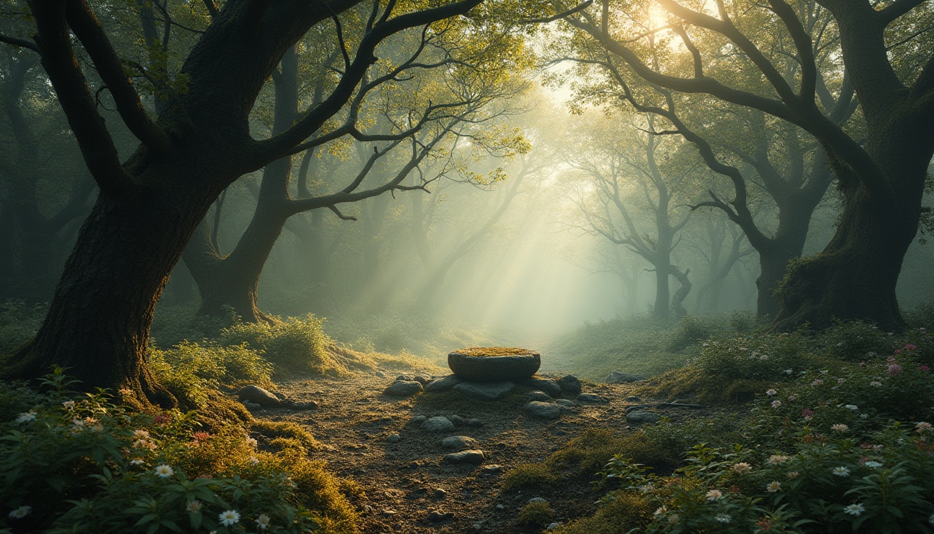 Prompt: Mystical forest, ancient trees, twisted branches, vines entwined trunks, misty atmosphere, warm sunlight filtering through leaves, a clearing with a natural stone pedestal, surrounded by ferns, wildflowers blooming in shades of green, brown, and beige, a moss-covered forest floor, soft fog rolling over the terrain, subtle ambient lighting, cinematic composition, 3/4 view angle, realistic textures, depth of field.