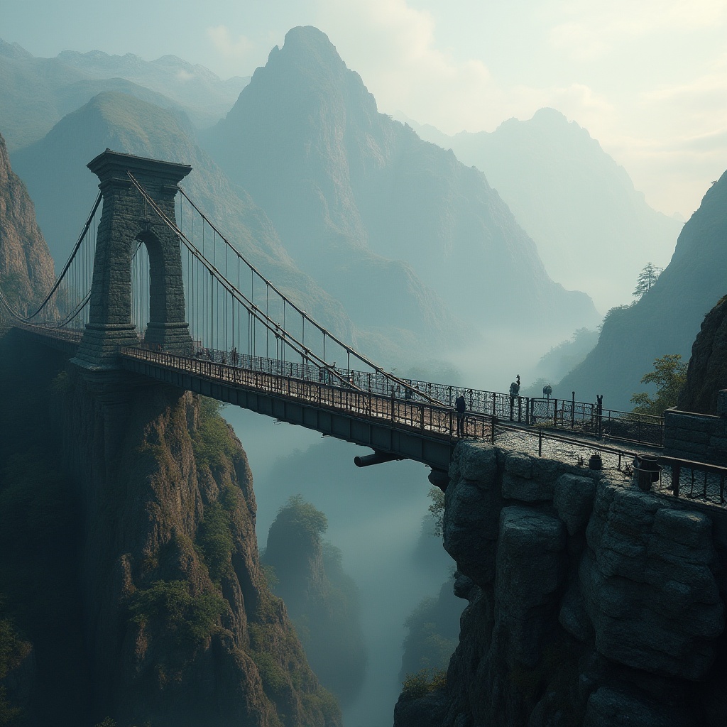 Prompt: Plateau bridge, rugged terrain, majestic mountain range background, misty atmosphere, strong wind, intricate stone architecture, steel beams, suspension cables, complex geometric structure, dramatic lighting, foggy morning, cinematic composition, bird's eye view, 3/4 angle shot, soft focus on the mountains, high contrast, warm color tone.