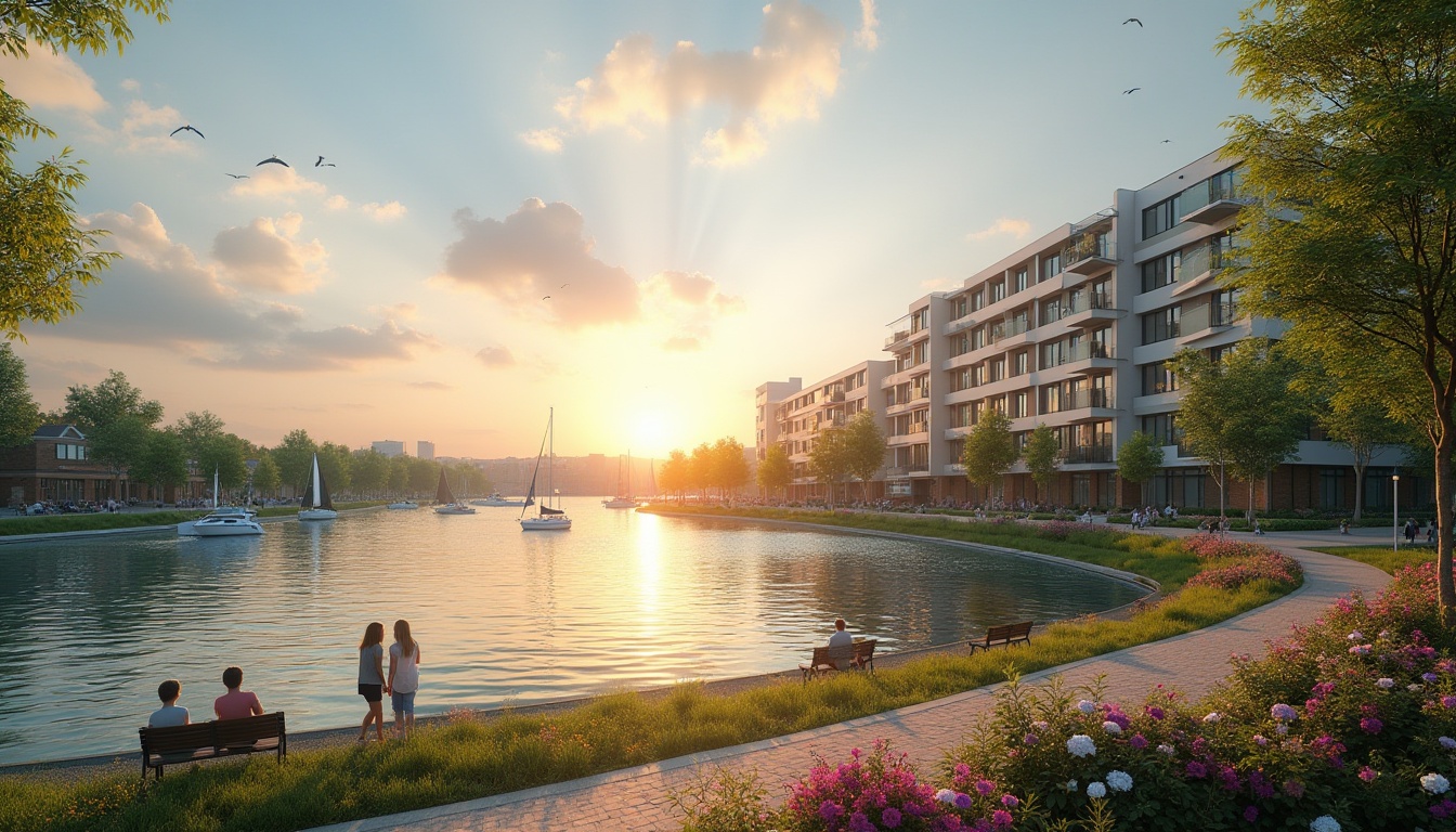 Prompt: Lakefront social housing, modern apartment building, serene lake view, sunset time, warm golden light, gentle ripples on water surface, lush greenery, blooming flowers, walking path, benches, children playing, elderly couple strolling, sailboats docked, seagulls flying overhead, cloudy blue sky, ambient natural lighting, 3/4 composition, warm color tone, peaceful atmosphere.