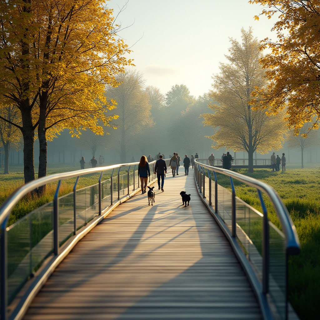 Prompt: Modern pedestrian bridge, curved stainless steel structure, glass railings, wooden decking, connecting two park landscapes, lush greenery surroundings, tall trees with vibrant autumn foliage, walking people in casual clothing, some with dogs on leashes, sunny afternoon, soft warm lighting, gentle mist rising from the grass, 3/4 composition, slight Dutch angle, cinematic depth of field, naturalistic color palette.