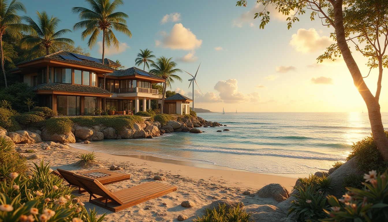 Prompt: Renaissance style beachside villa, sustainable practices, eco-friendly, green roof, solar panels, wind turbines, recycled glass windows, reclaimed wood decking, ocean view, sunset time, warm golden light, seashells, driftwood, beach flowers, gentle waves, soft sandy dunes, distant sailboats, serene atmosphere, natural textures, earthy tones, 3/4 composition, shallow depth of field, cinematic lighting, fish eye lens.