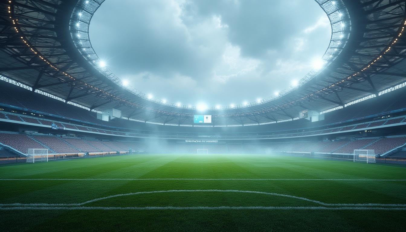 Prompt: Modern soccer stadium, structuralist architecture, sleek lines, geometric shapes, cantilevered roofs, futuristic, minimalist, metallic materials, glass façade, angular columns, dynamic lighting, vibrant color scheme, lush green grass, white goalposts, eerie fog rolling in, dramatic clouds, panoramic view, low-angle shot, 3/4 composition, high-contrast lighting, cinematic mood.